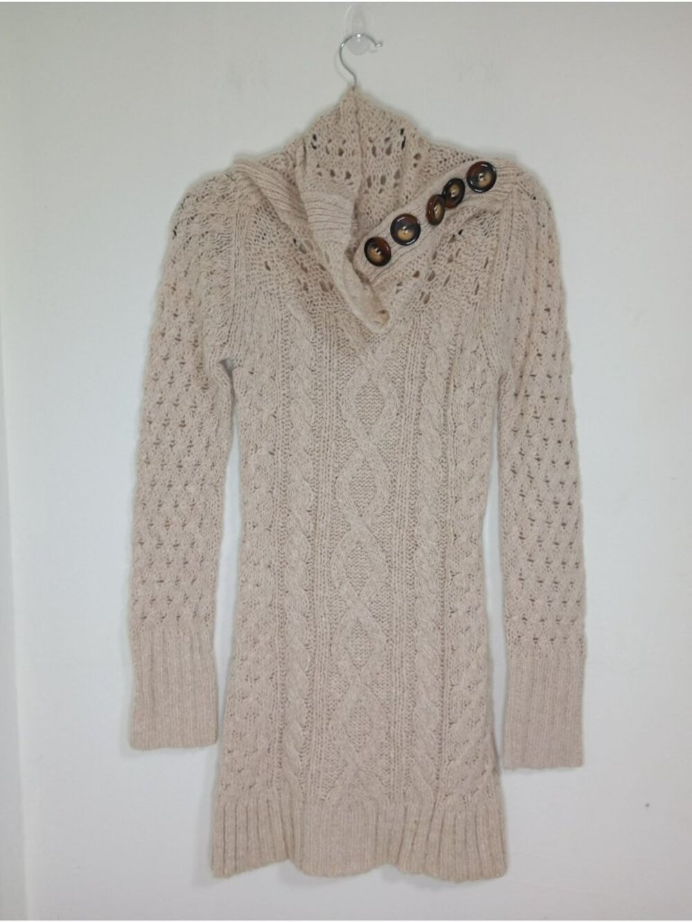 NWT Free People Beige Cable Knit Button Cowl Neck Sweater Dress S Wool Blend
